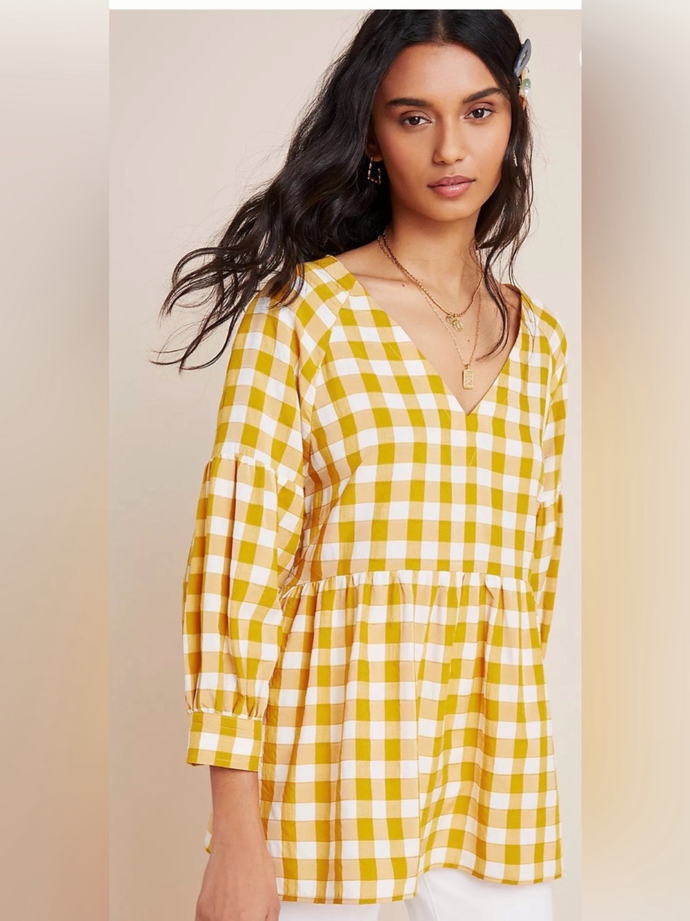 Maeve by Anthropologie "April" Gingham Babydoll Blouse Yellow White Sz Small
